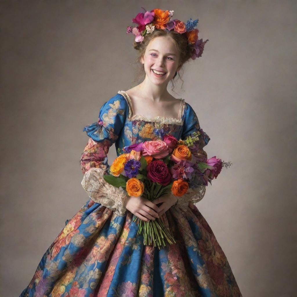 An eccentric young girl holding a vibrant bouquet, dancing and laughing vivaciously while wearing an ornate 1700s era gown