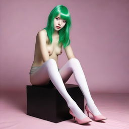 Generate an ultra-realistic Nikon photograph of a 24-year-old girl with striking green hair