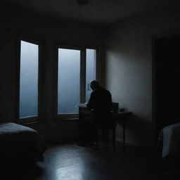 A solitary man sitting introspectively in his room lit dimly by the moonlight filtering through the window at night.