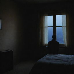 A solitary man sitting introspectively in his room lit dimly by the moonlight filtering through the window at night.