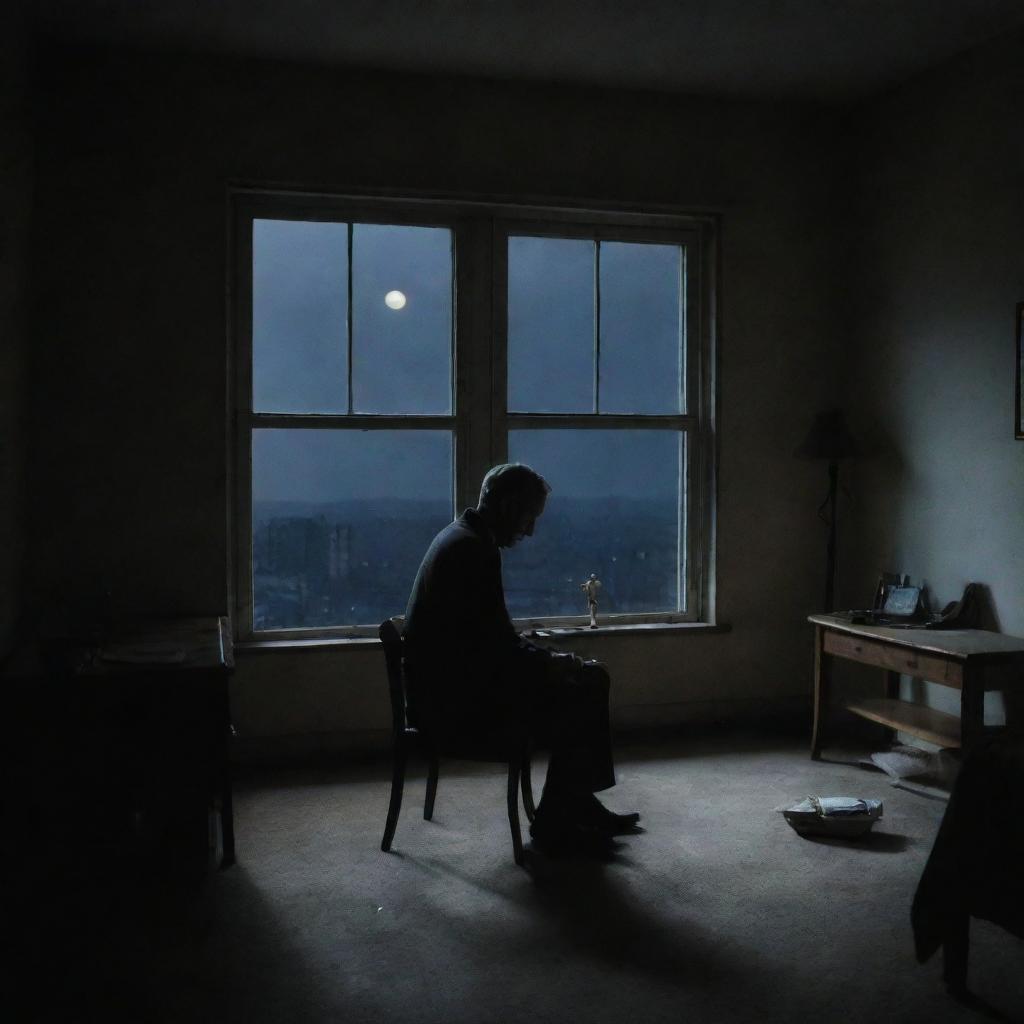 A solitary man sitting introspectively in his room lit dimly by the moonlight filtering through the window at night.