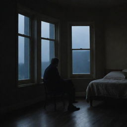 A solitary man sitting introspectively in his room lit dimly by the moonlight filtering through the window at night.