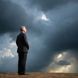 Inspirational scene of a distinguished man sharing motivational words under a dramatic sky