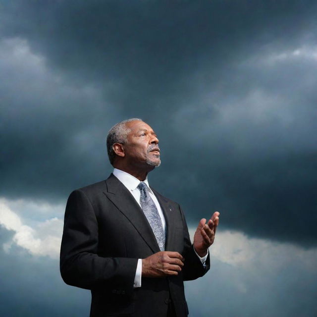 Inspirational scene of a distinguished man sharing motivational words under a dramatic sky