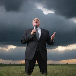 Inspirational scene of a distinguished man sharing motivational words under a dramatic sky