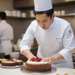 A handsome, young Korean chef meticulously crafting a delicious cake with an air of dedication and artistry