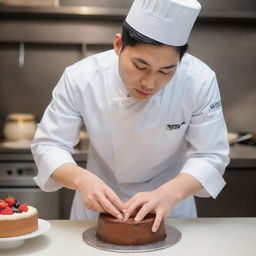 A handsome, young Korean chef meticulously crafting a delicious cake with an air of dedication and artistry