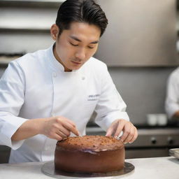 A handsome, young Korean chef meticulously crafting a delicious cake with an air of dedication and artistry