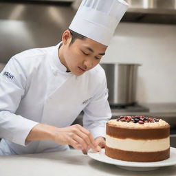 A handsome, young Korean chef meticulously crafting a delicious cake with an air of dedication and artistry