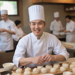 A charming, young Korean chef elegantly making dimsum, donning a classic chef's hat and displaying a warm, genuine smile