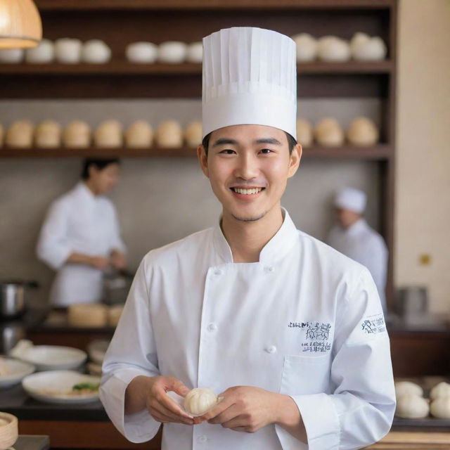 A charming, young Korean chef elegantly making dimsum, donning a classic chef's hat and displaying a warm, genuine smile