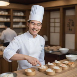 A charming, young Korean chef elegantly making dimsum, donning a classic chef's hat and displaying a warm, genuine smile