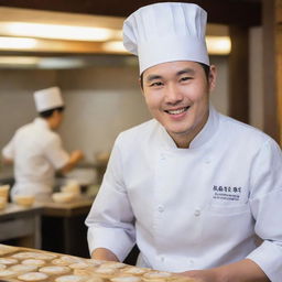 A charming, young Korean chef elegantly making dimsum, donning a classic chef's hat and displaying a warm, genuine smile