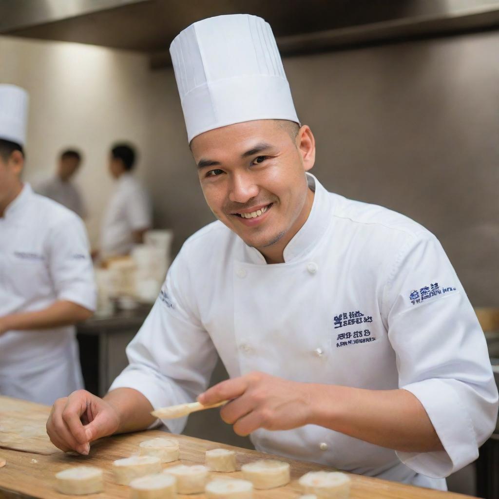 A handsome, young chef with a captivating smile, expertly crafting dimsum while wearing a traditional chef's hat