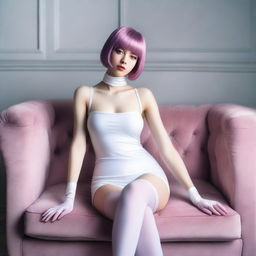 Create an ultra-realistic Nikon photograph of a tall Russian girl with short purple hair