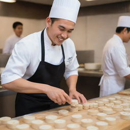 A handsome, young chef with a captivating smile, expertly crafting dimsum while wearing a traditional chef's hat