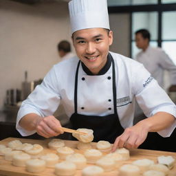 A handsome, young chef with a captivating smile, expertly crafting dimsum while wearing a traditional chef's hat