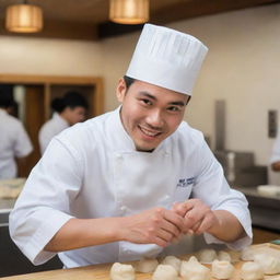 A handsome, young chef with a captivating smile, expertly crafting dimsum while wearing a traditional chef's hat