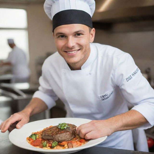 A charismatic young chef, radiating a warm smile as he expertly prepares a gourmet dish while donning a customary chef's hat