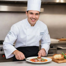 A charismatic young chef, radiating a warm smile as he expertly prepares a gourmet dish while donning a customary chef's hat