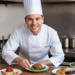 A charismatic young chef, radiating a warm smile as he expertly prepares a gourmet dish while donning a customary chef's hat