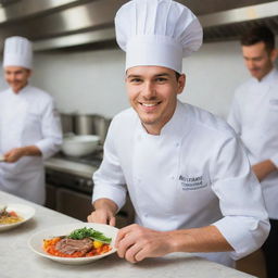 A charismatic young chef, radiating a warm smile as he expertly prepares a gourmet dish while donning a customary chef's hat