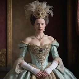 A captivating woman donning a mysterious mask, garmented in an opulent 1700s era ball gown, exuding an aura of enigma