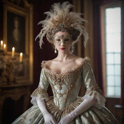 A captivating woman donning a mysterious mask, garmented in an opulent 1700s era ball gown, exuding an aura of enigma