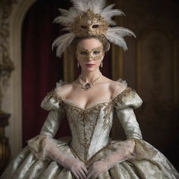 A captivating woman donning a mysterious mask, garmented in an opulent 1700s era ball gown, exuding an aura of enigma