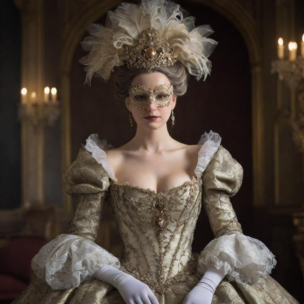 A captivating woman donning a mysterious mask, garmented in an opulent 1700s era ball gown, exuding an aura of enigma