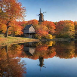 A tranquil autumn landscape showing an old windmill near a calm lake surrounded by colorful trees with falling leaves, under a clear sky during sunset.