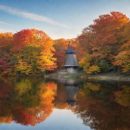 A tranquil autumn landscape showing an old windmill near a calm lake surrounded by colorful trees with falling leaves, under a clear sky during sunset.