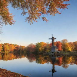 A tranquil autumn landscape showing an old windmill near a calm lake surrounded by colorful trees with falling leaves, under a clear sky during sunset.