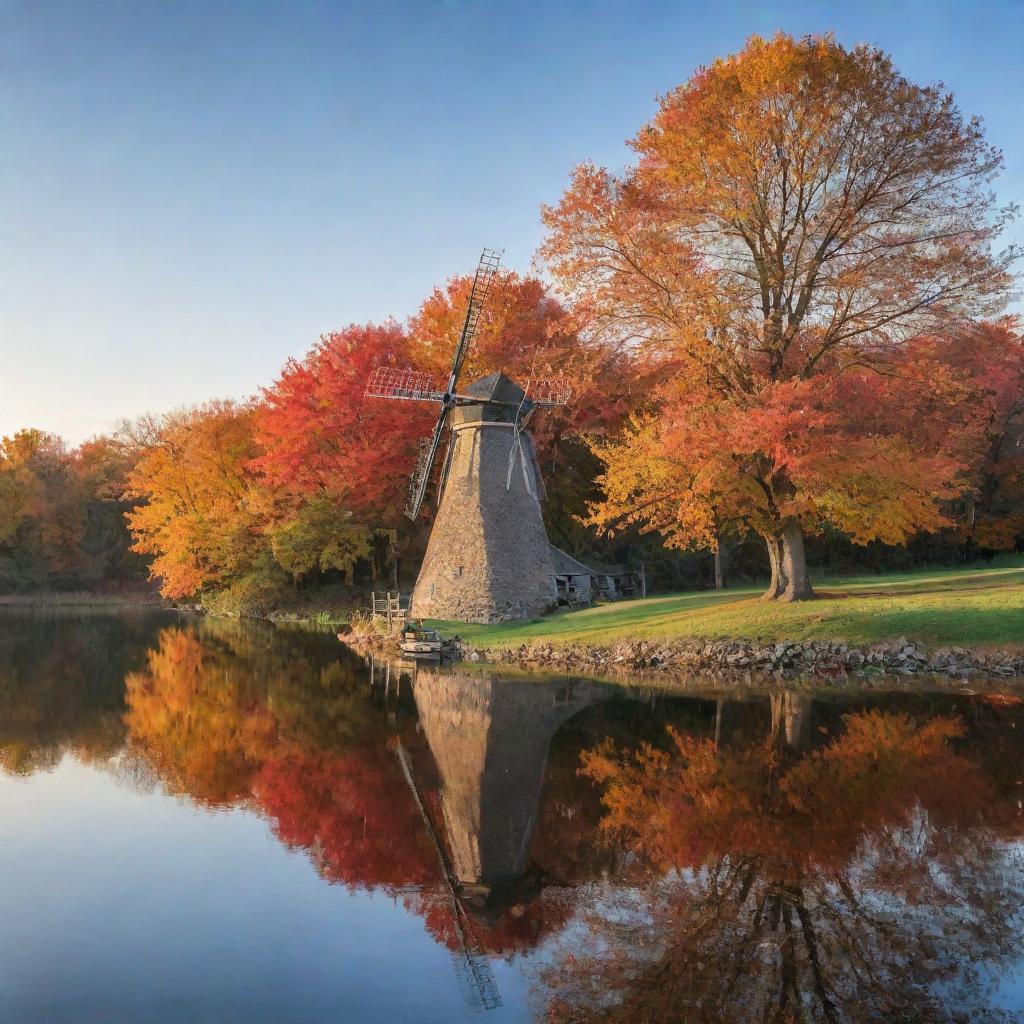 A tranquil autumn landscape showing an old windmill near a calm lake surrounded by colorful trees with falling leaves, under a clear sky during sunset.