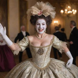 An ecstatic woman sporting a full-face mask, dancing and laughing joyously in an opulent 1700s era ball gown