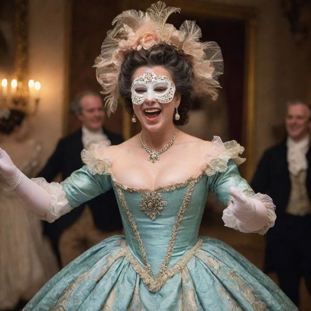 An ecstatic woman sporting a full-face mask, dancing and laughing joyously in an opulent 1700s era ball gown