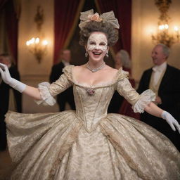 An ecstatic woman sporting a full-face mask, dancing and laughing joyously in an opulent 1700s era ball gown