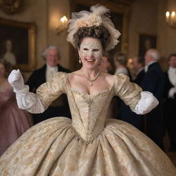 An ecstatic woman sporting a full-face mask, dancing and laughing joyously in an opulent 1700s era ball gown