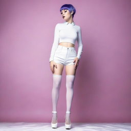 This is an ultra-realistic photograph of a woman with short purple hair, standing with her legs spread out to the sides