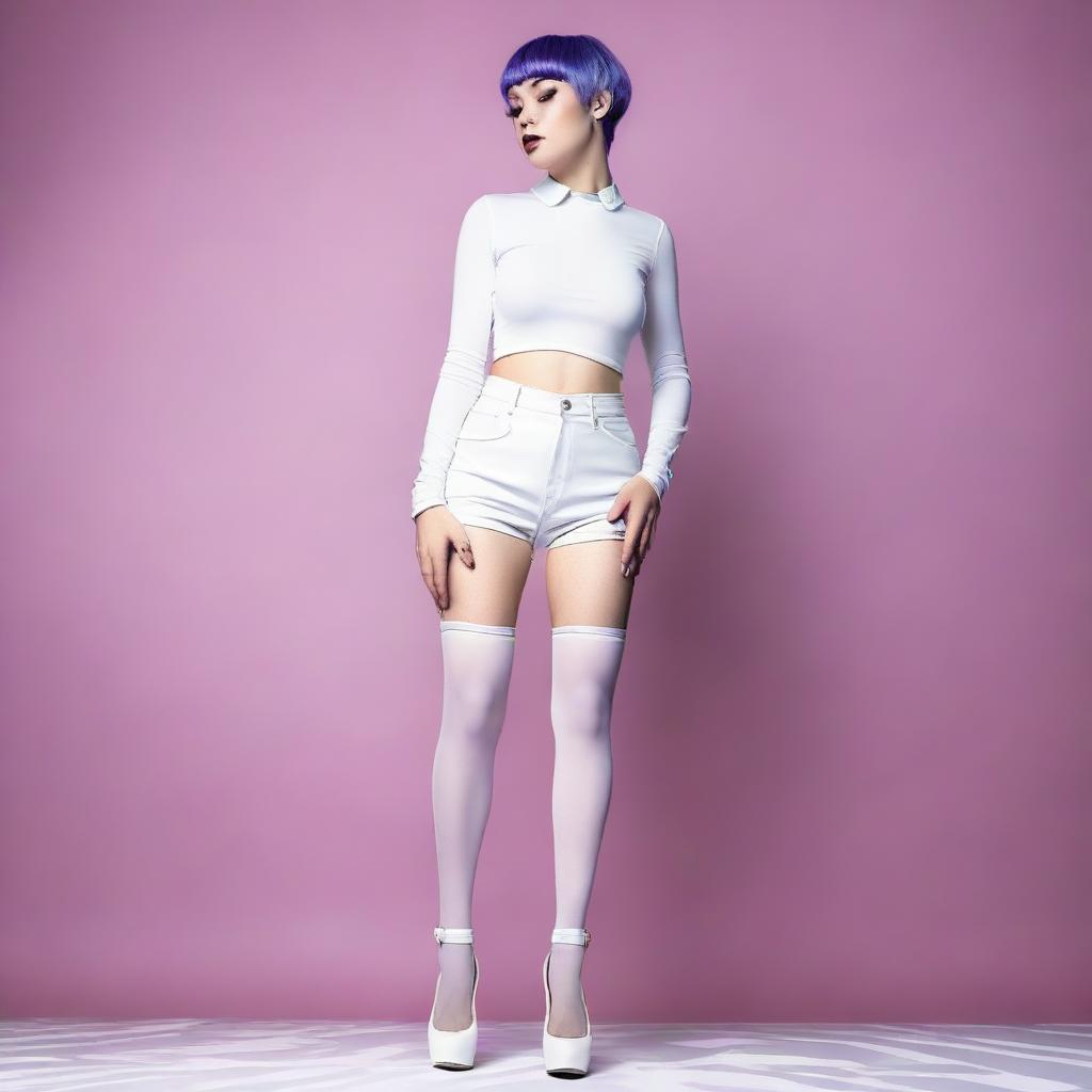 This is an ultra-realistic photograph of a woman with short purple hair, standing with her legs spread out to the sides