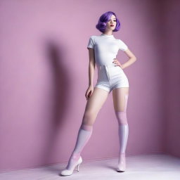 This is an ultra-realistic photograph of a woman with short purple hair, standing with her legs spread out to the sides