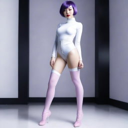 This is an ultra-realistic photograph of a woman with short purple hair, standing with her legs spread out to the sides