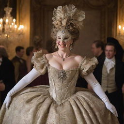 A jovial woman with her face hidden behind a fancy, elaborate mask, dancing and laughing merrily while donned in an opulent 1700's era ball gown