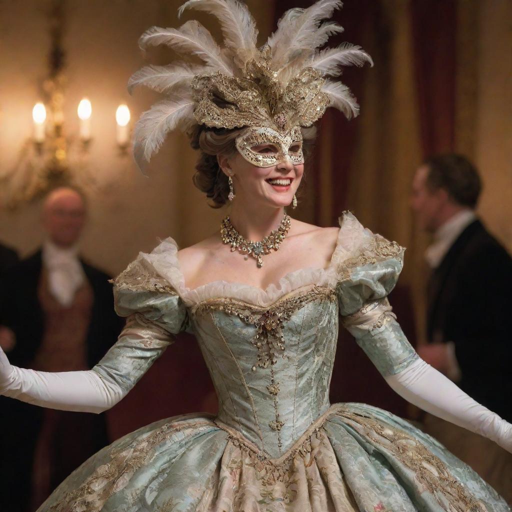 A jovial woman with her face hidden behind a fancy, elaborate mask, dancing and laughing merrily while donned in an opulent 1700's era ball gown