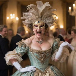 A jovial woman with her face hidden behind a fancy, elaborate mask, dancing and laughing merrily while donned in an opulent 1700's era ball gown