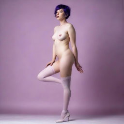 This is an ultra-realistic photograph of a nude woman with short purple hair