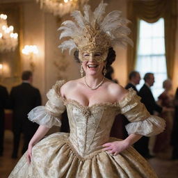 A jovial woman with her face hidden behind a fancy, elaborate mask, dancing and laughing merrily while donned in an opulent 1700's era ball gown