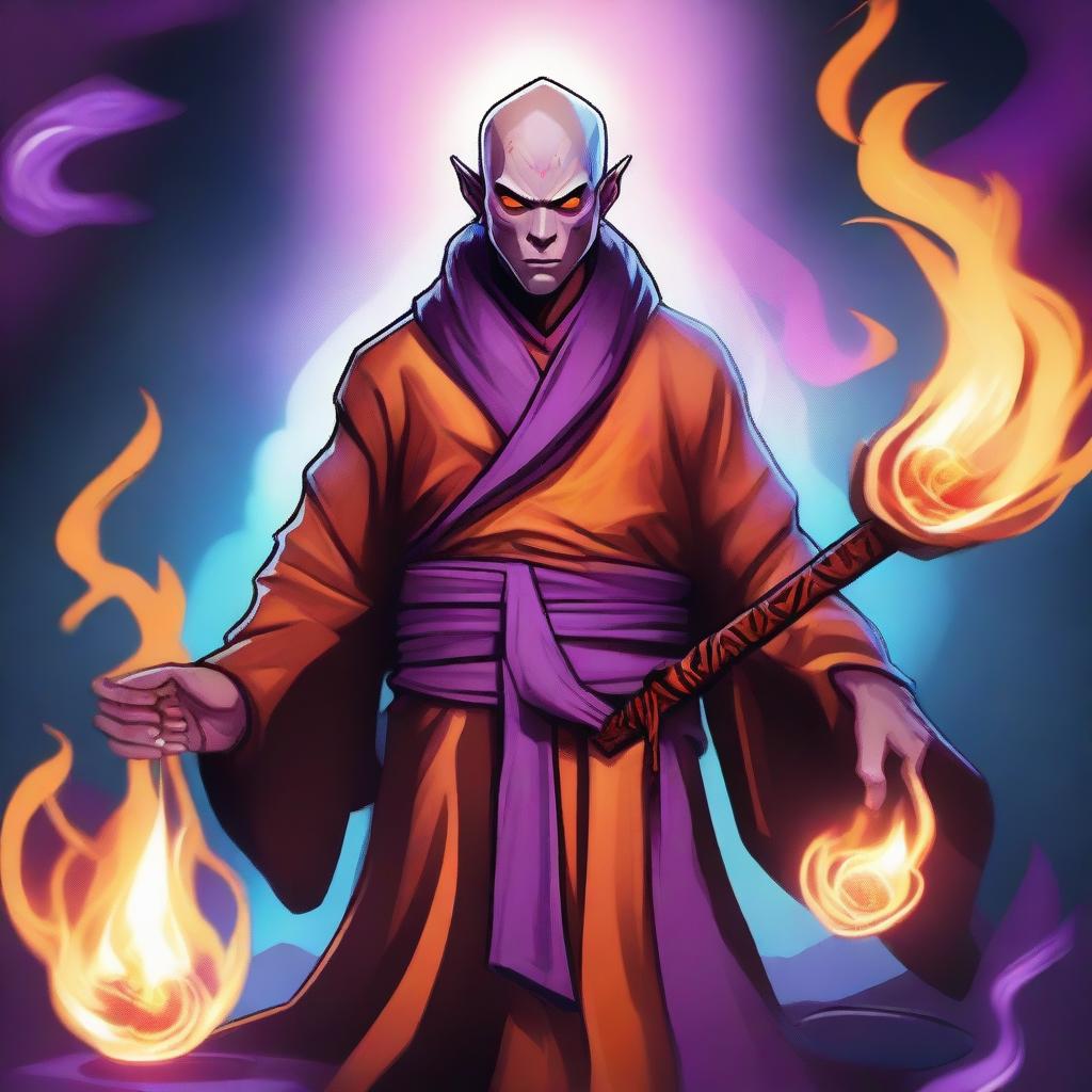 A dynamic digital art piece showcasing a Dungeons and Dragons Monk character with a flaming head, inspired by the Dead Cells game