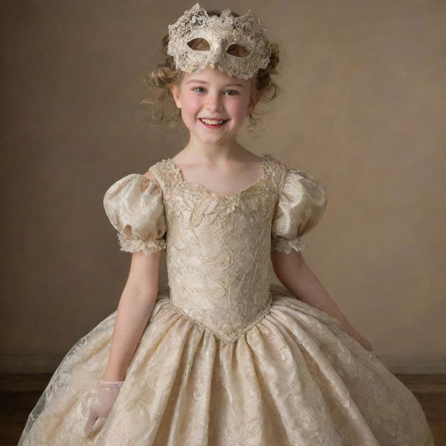 A cheerful young girl, face fully obscured by an intricate mask, prancing and giggling while garbed in an elaborate 1800s era ball gown