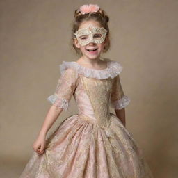 A cheerful young girl, face fully obscured by an intricate mask, prancing and giggling while garbed in an elaborate 1800s era ball gown